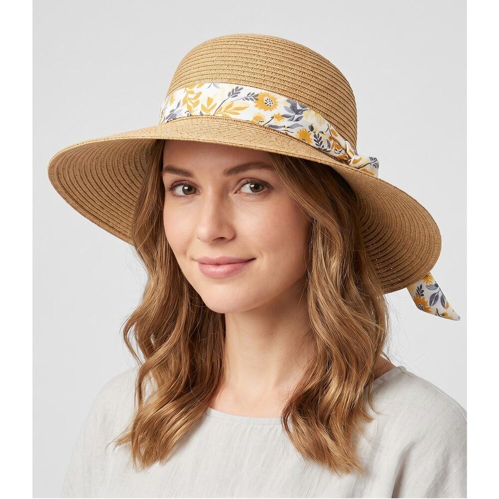 Aman Beige Womens Sun Hat with Yellow Green White Floral Ribbon